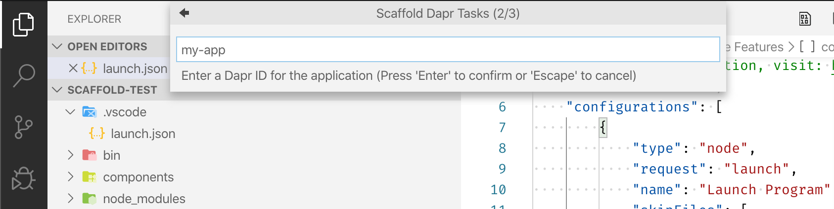 Dapr VSCode 扩展 scaffold 选项的截图